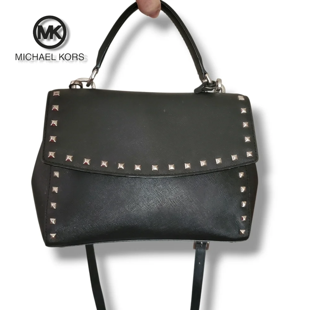 Michael KORS Black Saffiano Leather Top Handle Silver Studded Crossbody Satchel - Picture 3 of 17